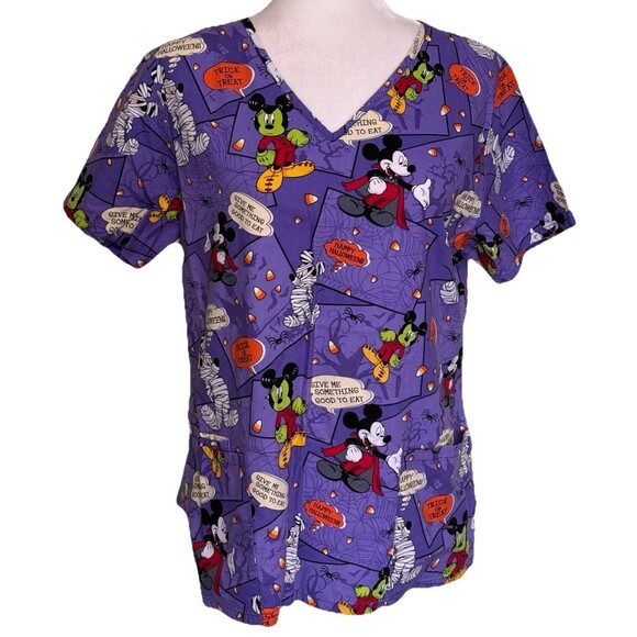 Disney Scrub Top Women’s Mickey Mouse Halloween Dracula Mummy Frankenstein Med - Picture 1 of 7